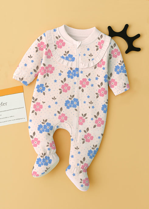 Pastel Garden Frilled Zipper Fleece Footed Sleepsuit