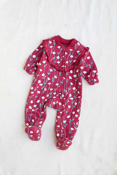Forest Bloom Frilled Zipper Fleece Footed Sleepsuit