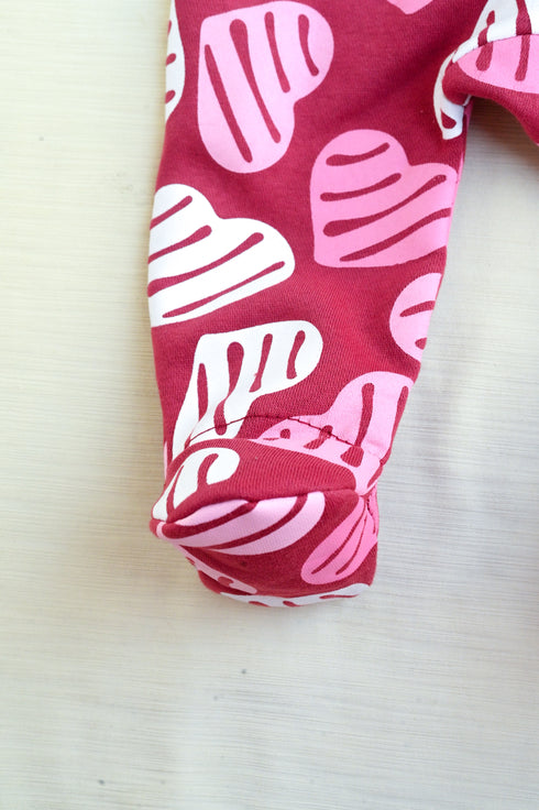 Maroon Leaf Printed Frilled Zipper Fleece Footed Sleepsuit