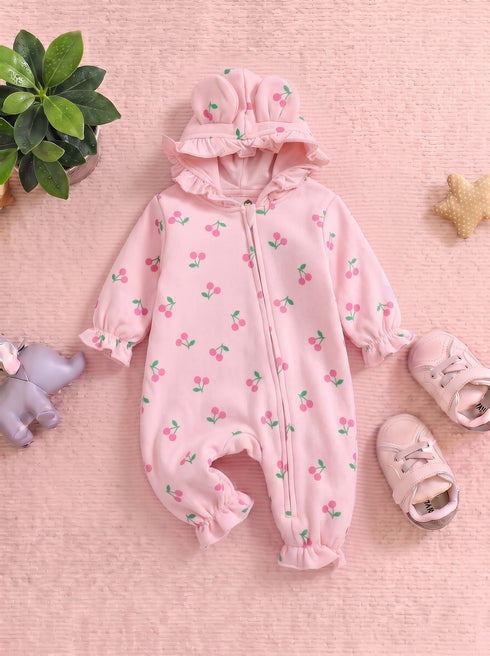 Pink Cherries Frilled Fleece Hooded Sleepsuit
