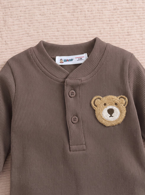 Playful Ribbed Henley Sleepsuit (Dark Brown)