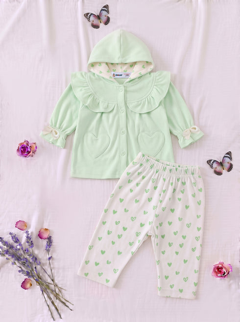Heartful Ruffle Bow Hooded Set (Light Green)