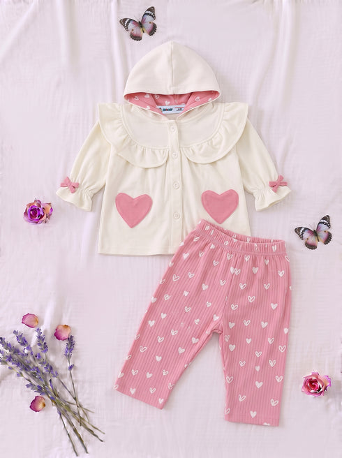 Heartful Ruffle Bow Hooded Set (Cream)
