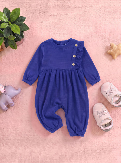 Purple Ruffle Button-Detail Ribbed Sleepsuit