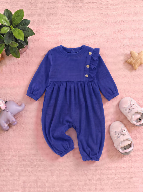 Purple Ruffle Button-Detail Ribbed Sleepsuit