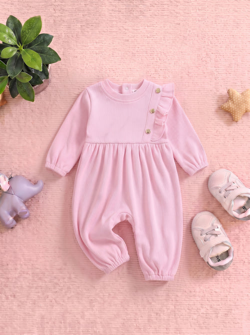 Pink Ruffle Button-Detail Ribbed Sleepsuit