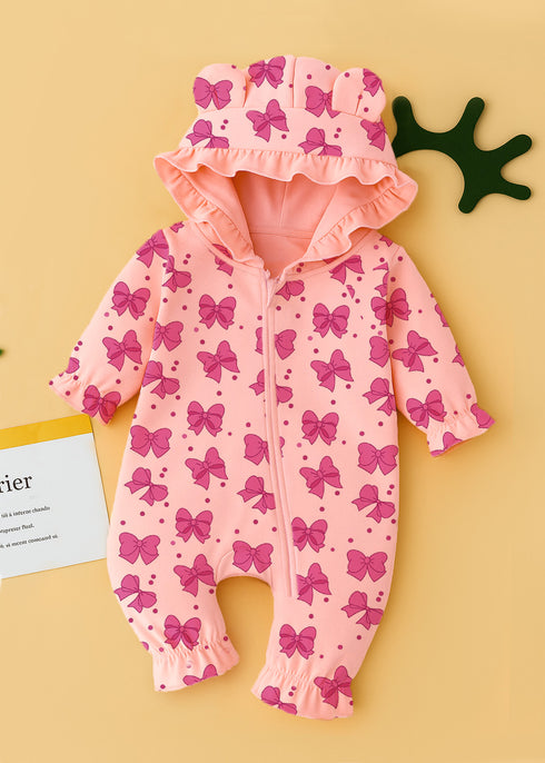 Pink Bow Frilled Fleece Hooded Sleepsuit