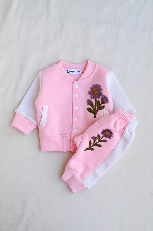 Pink Floral Fleece Varsity Jacket Set