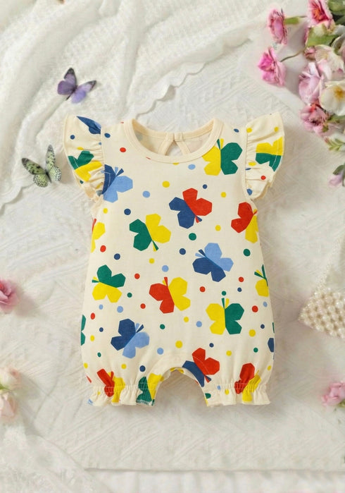 Butterfly Bloom Printed Flutter Sleeve Buttoned Romper