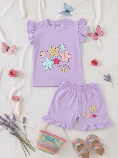 Floral Love Ruffle Sleeve Interlock Short Set