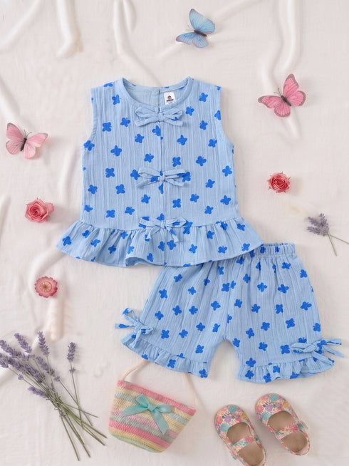 Sky Blue Floral Bow Detail Frock Set