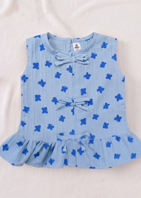 Sky Blue Floral Bow Detail Frock Set