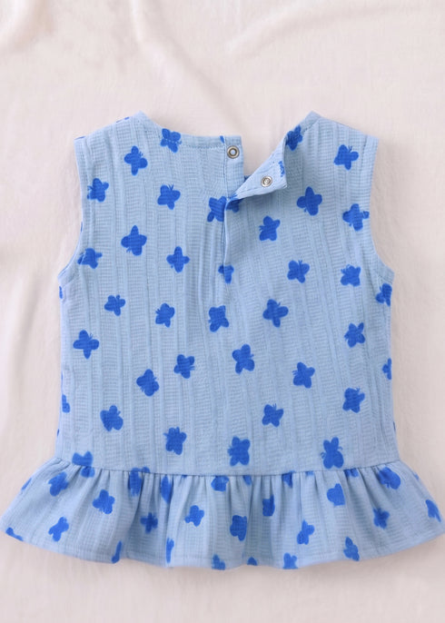 Sky Blue Floral Bow Detail Frock Set