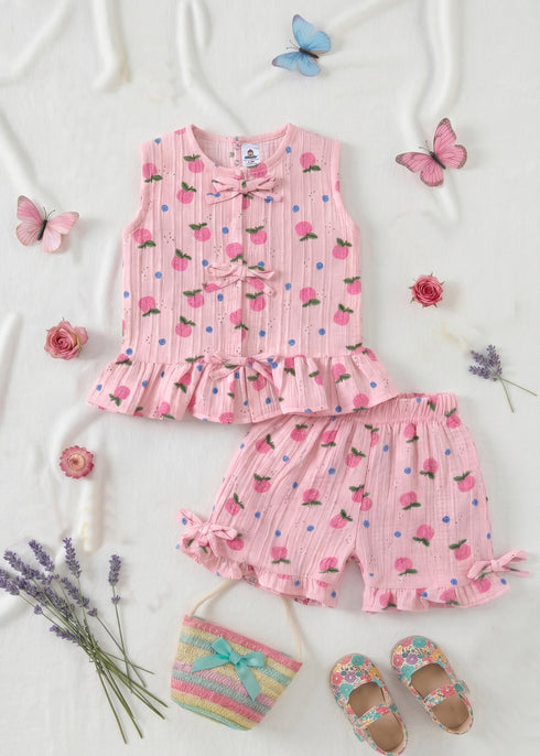 Pink Cherry Bow Detail Frock Set