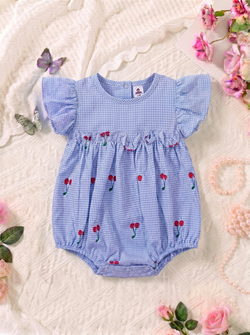 Royal Blue Checkered Cherries Printed Frilled Bodysuit
