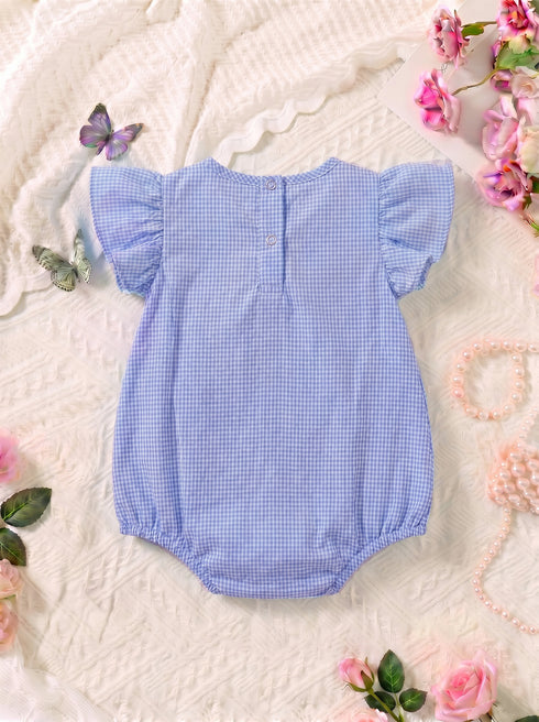 Royal Blue Checkered Cherries Printed Frilled Bodysuit