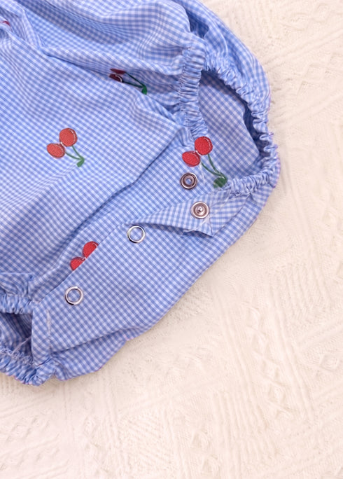 Royal Blue Checkered Cherries Printed Frilled Bodysuit