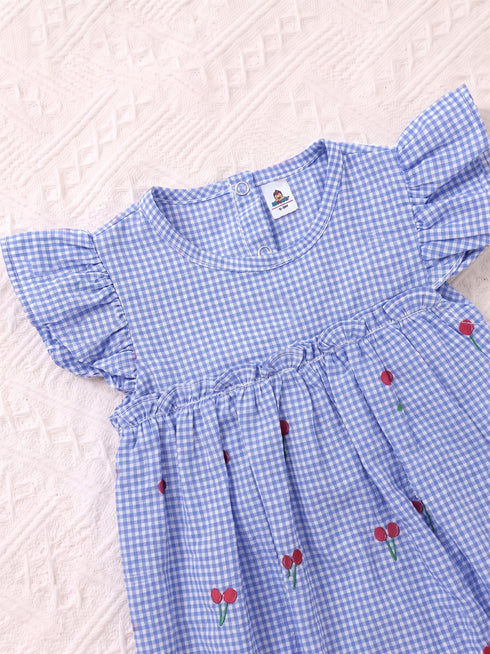 Royal Blue Checkered Cherries Printed Frilled Bodysuit