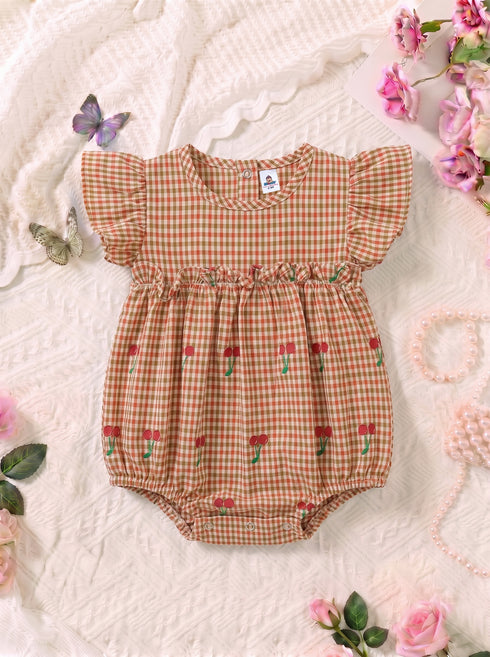 Red Checkered Cherries Printed Frilled Bodysuit