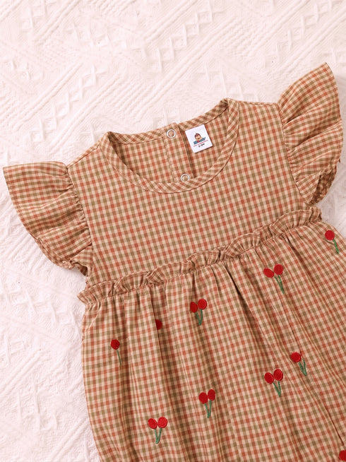 Red Checkered Cherries Printed Frilled Bodysuit