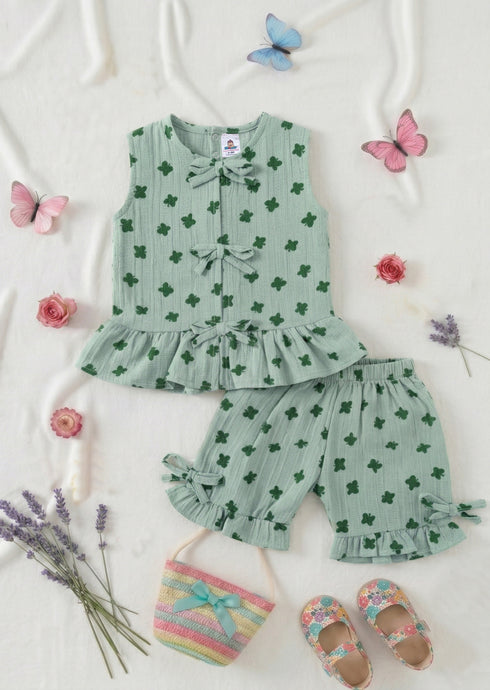 Mint Bloom Bow Detail Frock Set