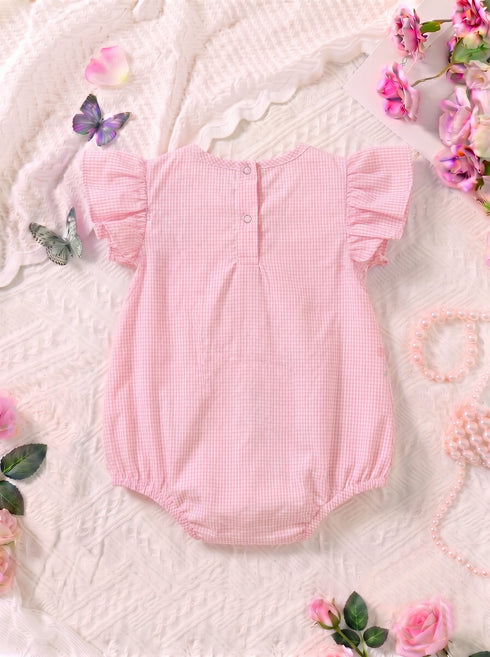Light Pink Checkered Cherries Printed Frilled Bodysuit