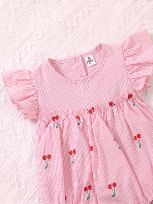Light Pink Checkered Cherries Printed Frilled Bodysuit