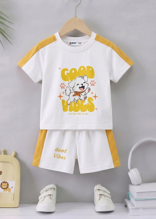 Cute Puppy Printed Panelled Interlock Short Set