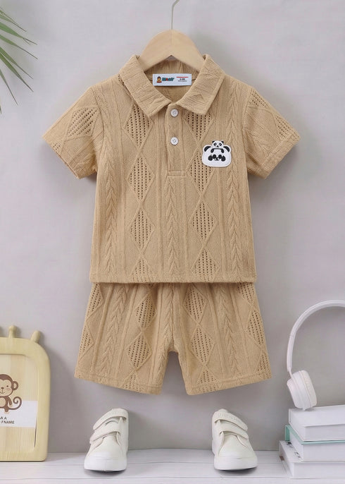Playful Brown Jacquard Textured Polo Short Set
