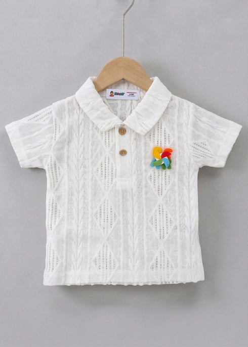 Playful White Jacquard Textured Polo Short Set