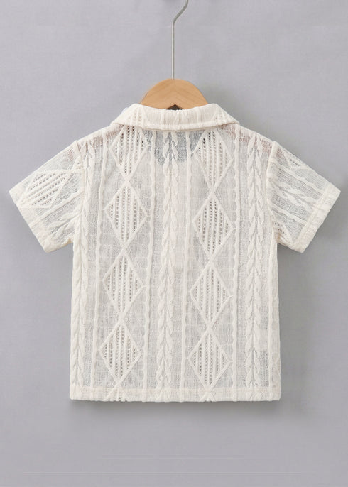 Playful White Jacquard Textured Polo Short Set