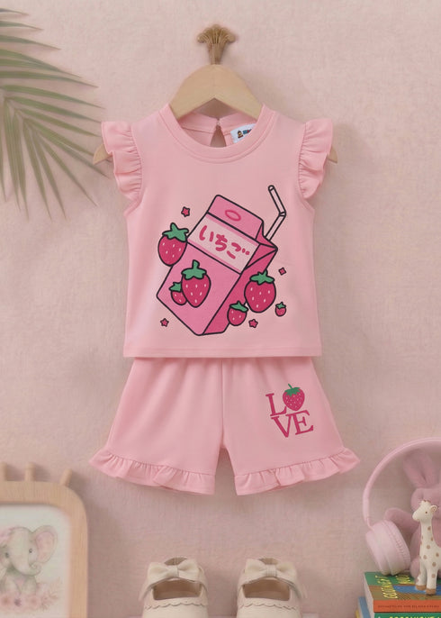 Strawberry Bliss Ruffle Sleeve Interlock Short Set