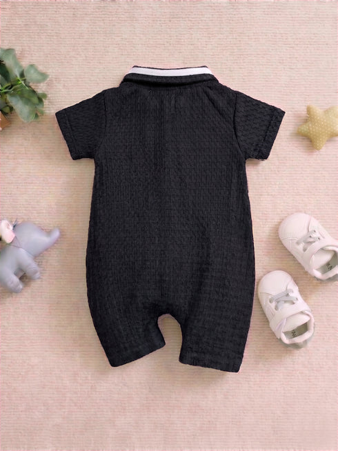 Black Embroidery Jacquard Polo Romper