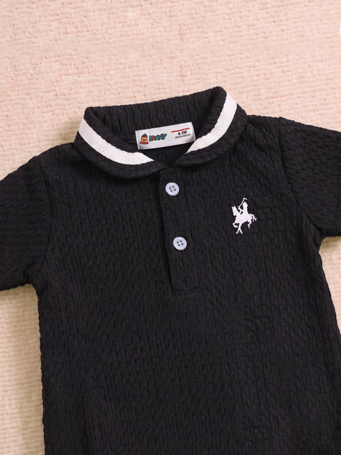 Black Embroidery Jacquard Polo Romper