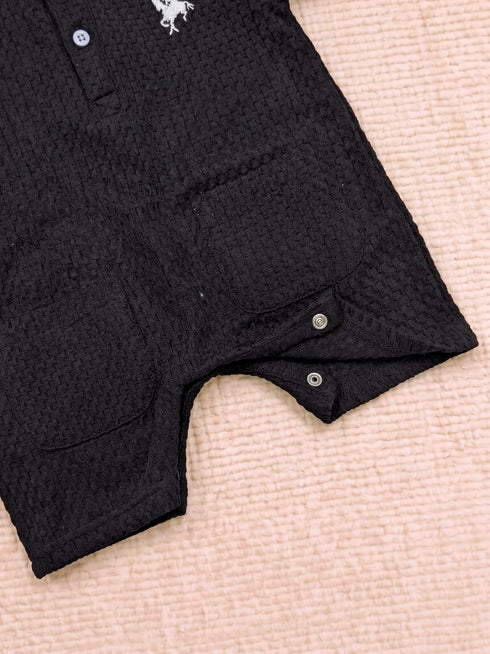 Black Embroidery Jacquard Polo Romper