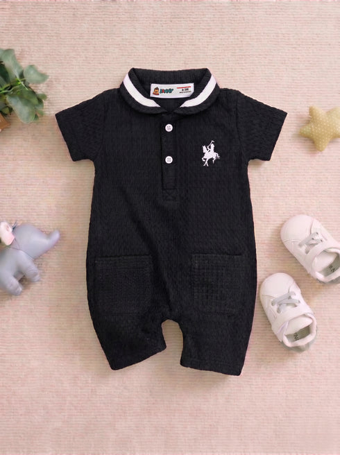 Black Embroidery Jacquard Polo Romper