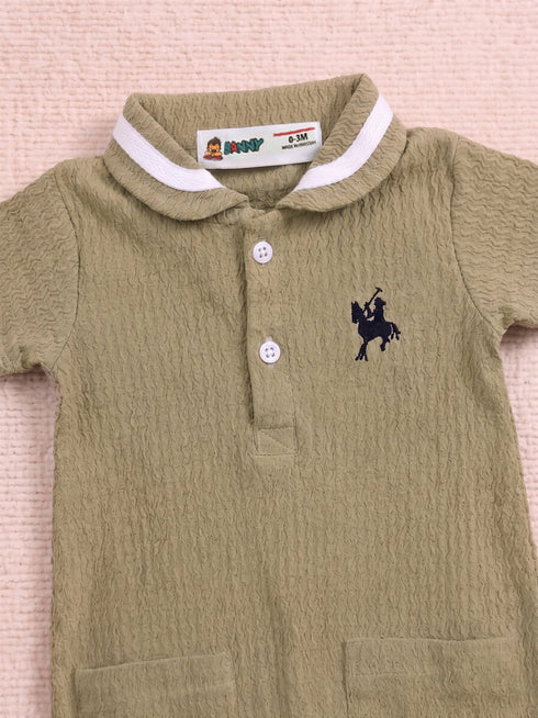 Beige Embroidery Jacquard Polo Romper
