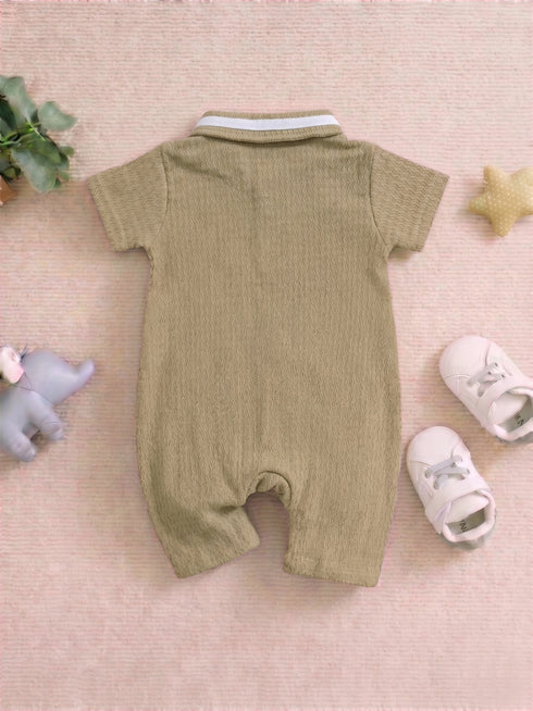 Beige Embroidery Jacquard Polo Romper