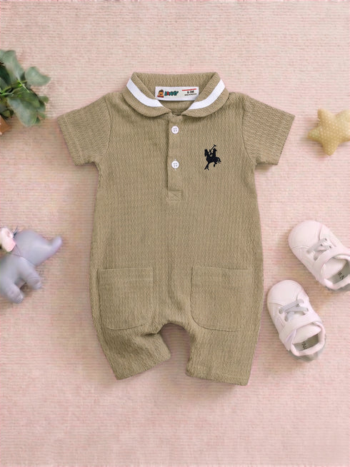 Beige Embroidery Jacquard Polo Romper