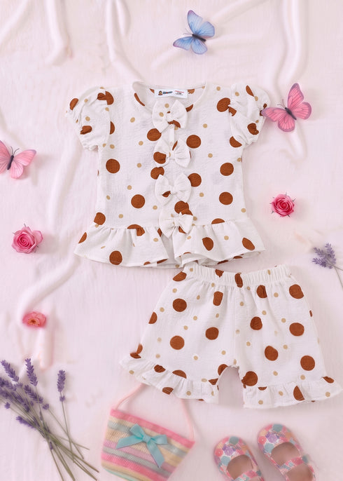 Brown Polka Dot Bow Detail Frock Set