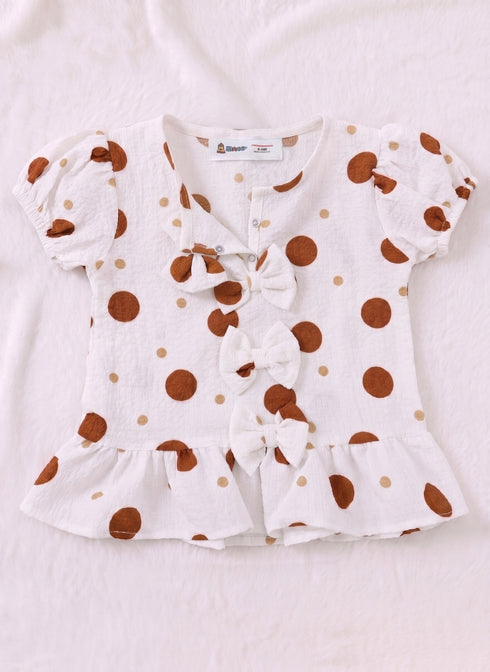 Brown Polka Dot Bow Detail Frock Set