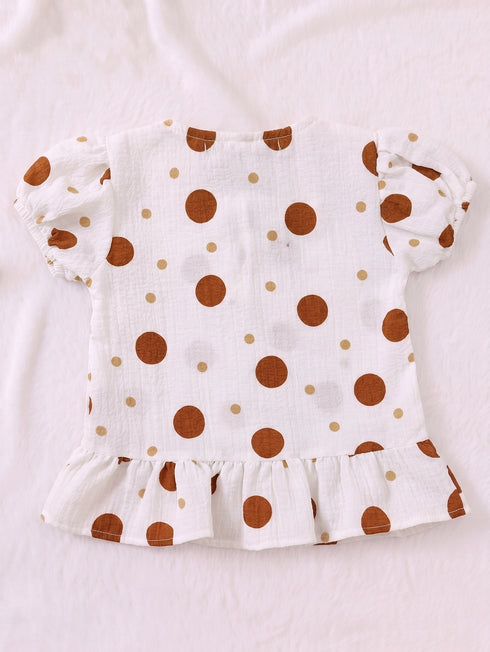Brown Polka Dot Bow Detail Frock Set