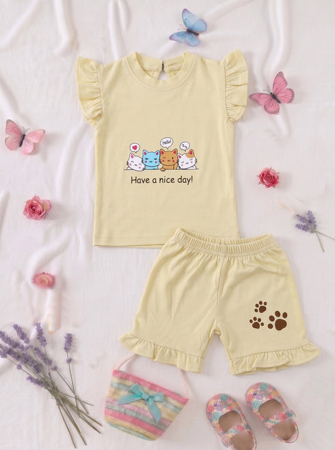 Happy Kittens Ruffle Sleeve Interlock Short Set