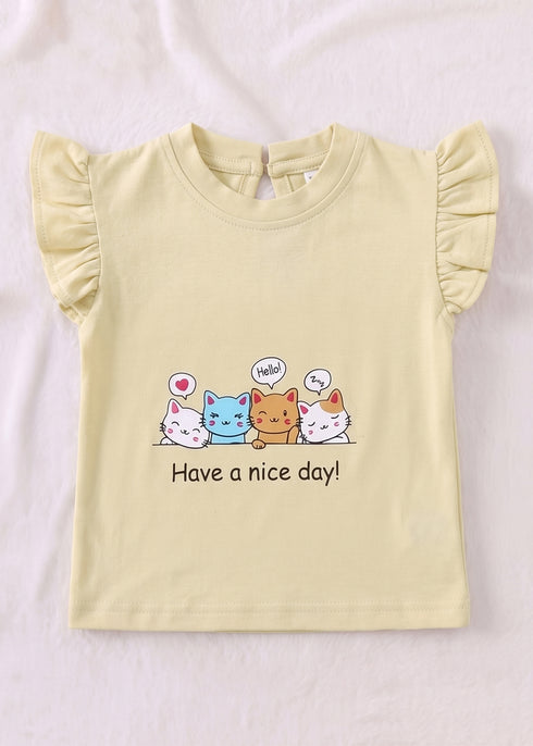 Happy Kittens Ruffle Sleeve Interlock Short Set