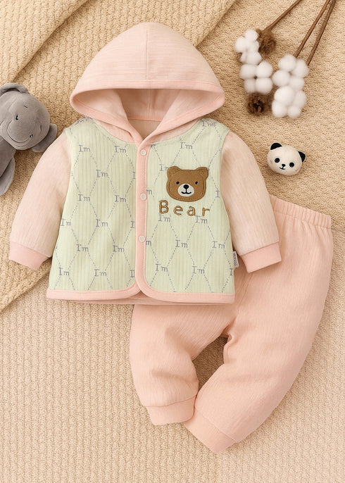 Baby Bear Flannel Fleece Hooded Tracksuit (Light Pink)