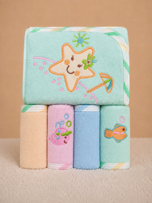 5-Pcs Embroidered Baby Hooded Towel Set