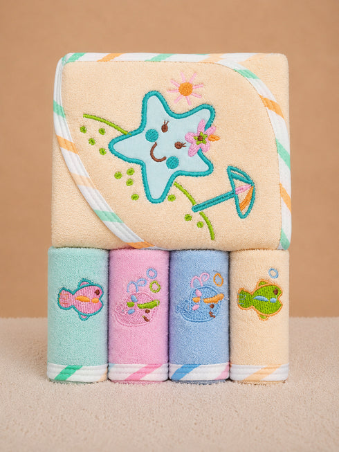5-Pcs Embroidered Baby Hooded Towel Set