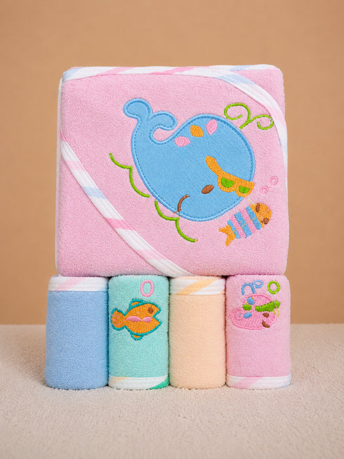 5-Pcs Embroidered Baby Hooded Towel Set