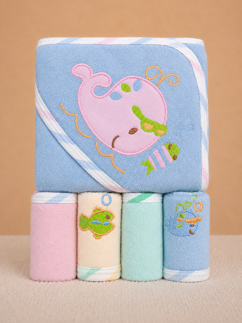 5-Pcs Embroidered Baby Hooded Towel Set