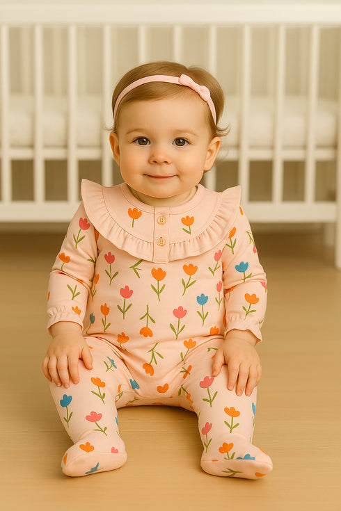 Pink Petal Play Frill Buttoned Interlock Sleepsuit